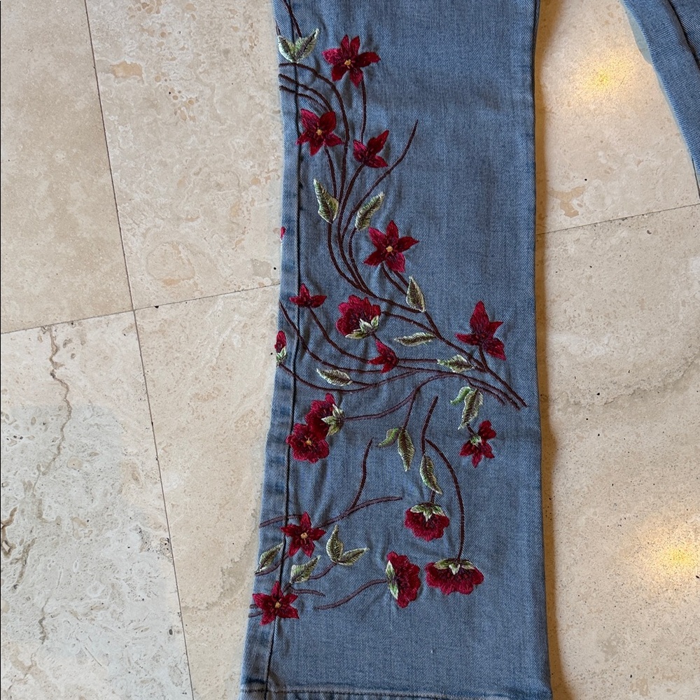 Floral Embroidered Blue Flare Jeans - Picture 2 of 6
